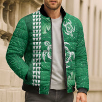 Green Hibiscus Turle Bomber Puffer Jacket Hawaiian Style Tribal Tapa Pattern - Polynesian Pride