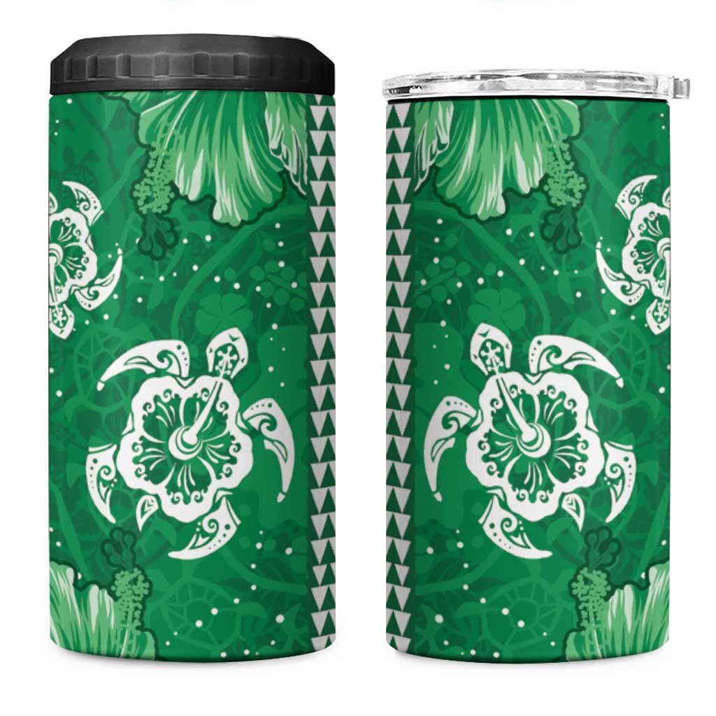 Green Hibiscus Turle 4 in 1 Can Cooler Tumbler Hawaiian Style Tribal Tapa Pattern