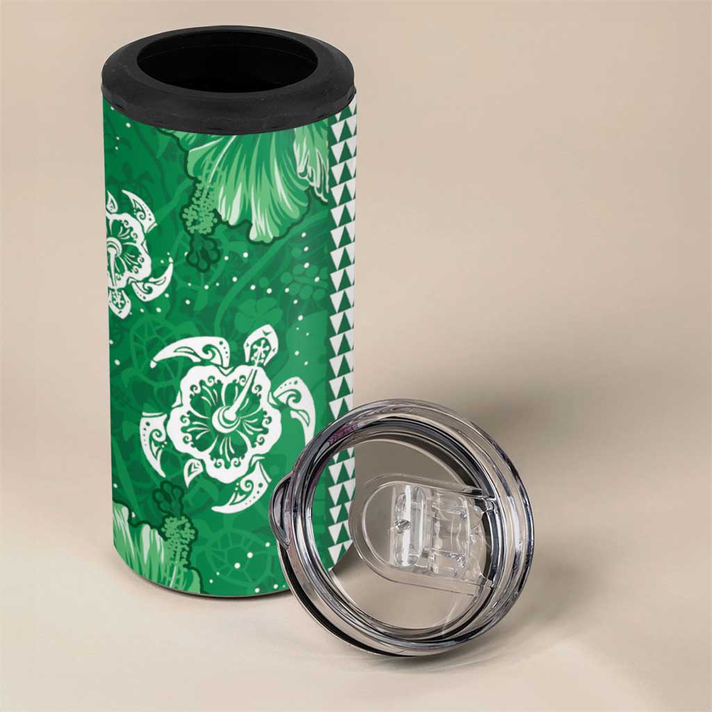 Green Hibiscus Turle 4 in 1 Can Cooler Tumbler Hawaiian Style Tribal Tapa Pattern