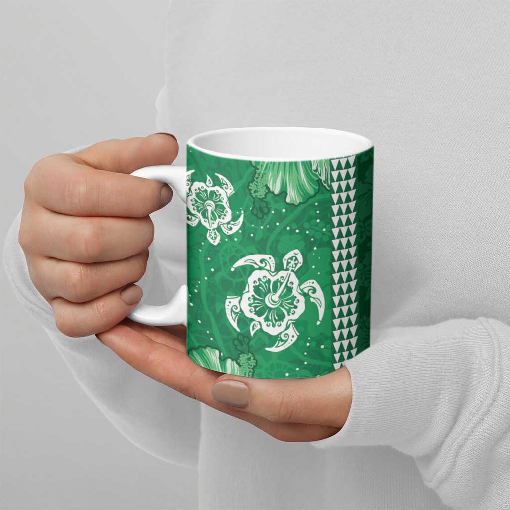 Green Hibiscus Turle Ceramic Mug Hawaiian Style Tribal Tapa Pattern - Polynesian Pride