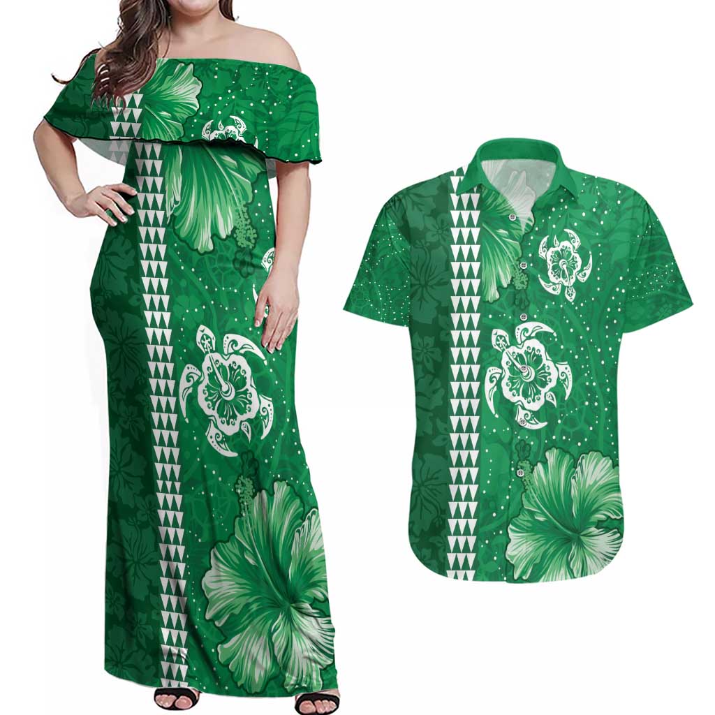 Green Hibiscus Turle Couples Matching Off Shoulder Maxi Dress and Hawaiian Shirt Hawaiian Style Tribal Tapa Pattern LT9 Green - Polynesian Pride