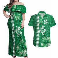 Green Hibiscus Turle Couples Matching Off Shoulder Maxi Dress and Hawaiian Shirt Hawaiian Style Tribal Tapa Pattern LT9 Green - Polynesian Pride