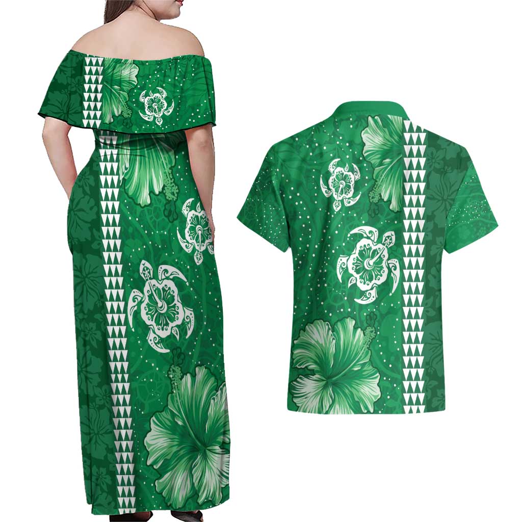 Green Hibiscus Turle Couples Matching Off Shoulder Maxi Dress and Hawaiian Shirt Hawaiian Style Tribal Tapa Pattern LT9 - Polynesian Pride
