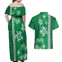 Green Hibiscus Turle Couples Matching Off Shoulder Maxi Dress and Hawaiian Shirt Hawaiian Style Tribal Tapa Pattern LT9 - Polynesian Pride