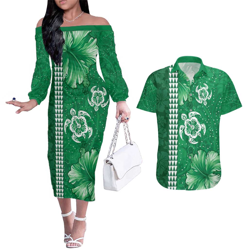 Green Hibiscus Turle Couples Matching Off The Shoulder Long Sleeve Dress and Hawaiian Shirt Hawaiian Style Tribal Tapa Pattern