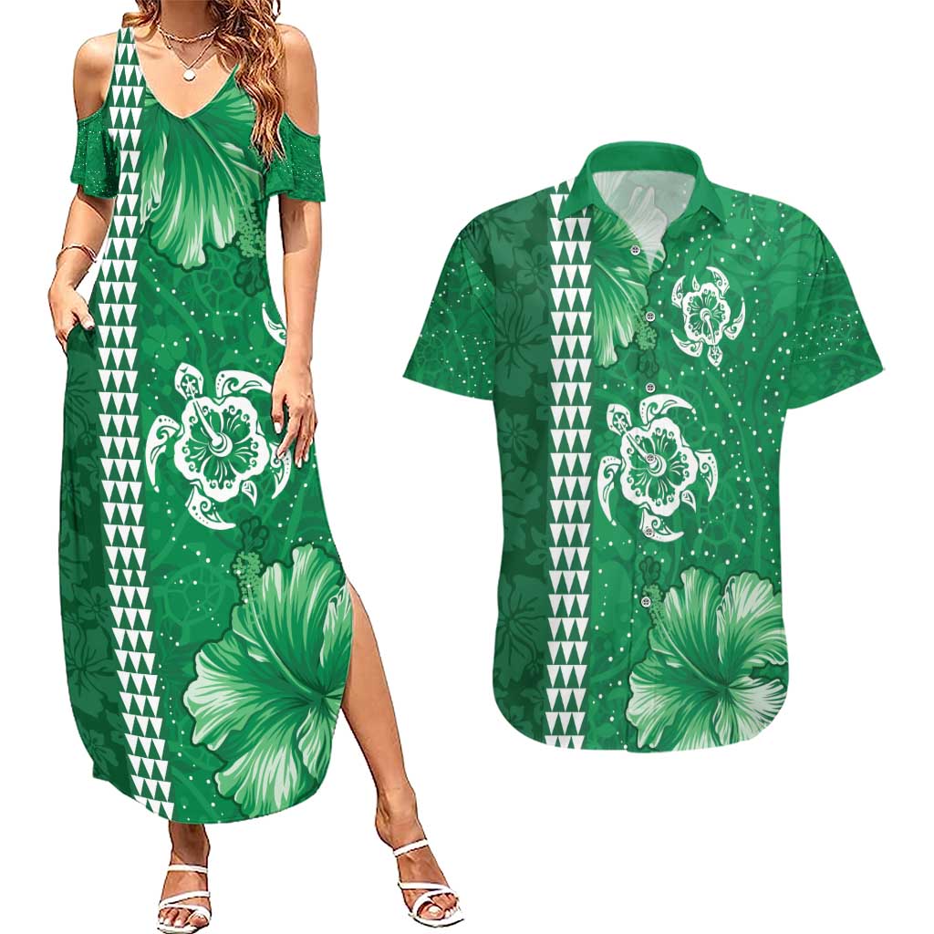 Green Hibiscus Turle Couples Matching Summer Maxi Dress and Hawaiian Shirt Hawaiian Style Tribal Tapa Pattern LT9 Green - Polynesian Pride