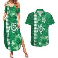 Green Hibiscus Turle Couples Matching Summer Maxi Dress and Hawaiian Shirt Hawaiian Style Tribal Tapa Pattern LT9 Green - Polynesian Pride