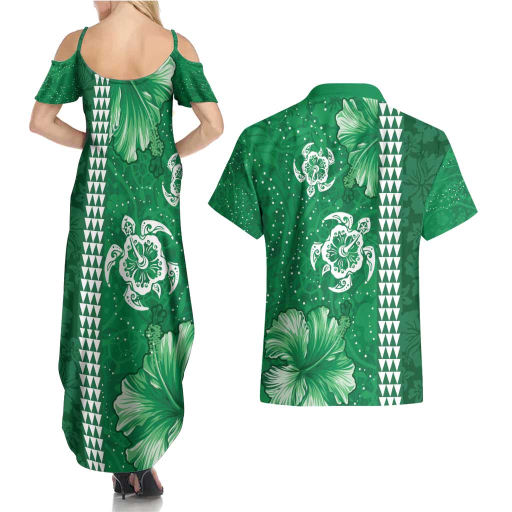 Green Hibiscus Turle Couples Matching Summer Maxi Dress and Hawaiian Shirt Hawaiian Style Tribal Tapa Pattern LT9 - Polynesian Pride