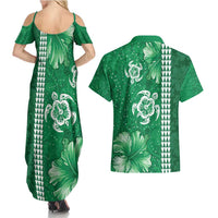 Green Hibiscus Turle Couples Matching Summer Maxi Dress and Hawaiian Shirt Hawaiian Style Tribal Tapa Pattern LT9 - Polynesian Pride