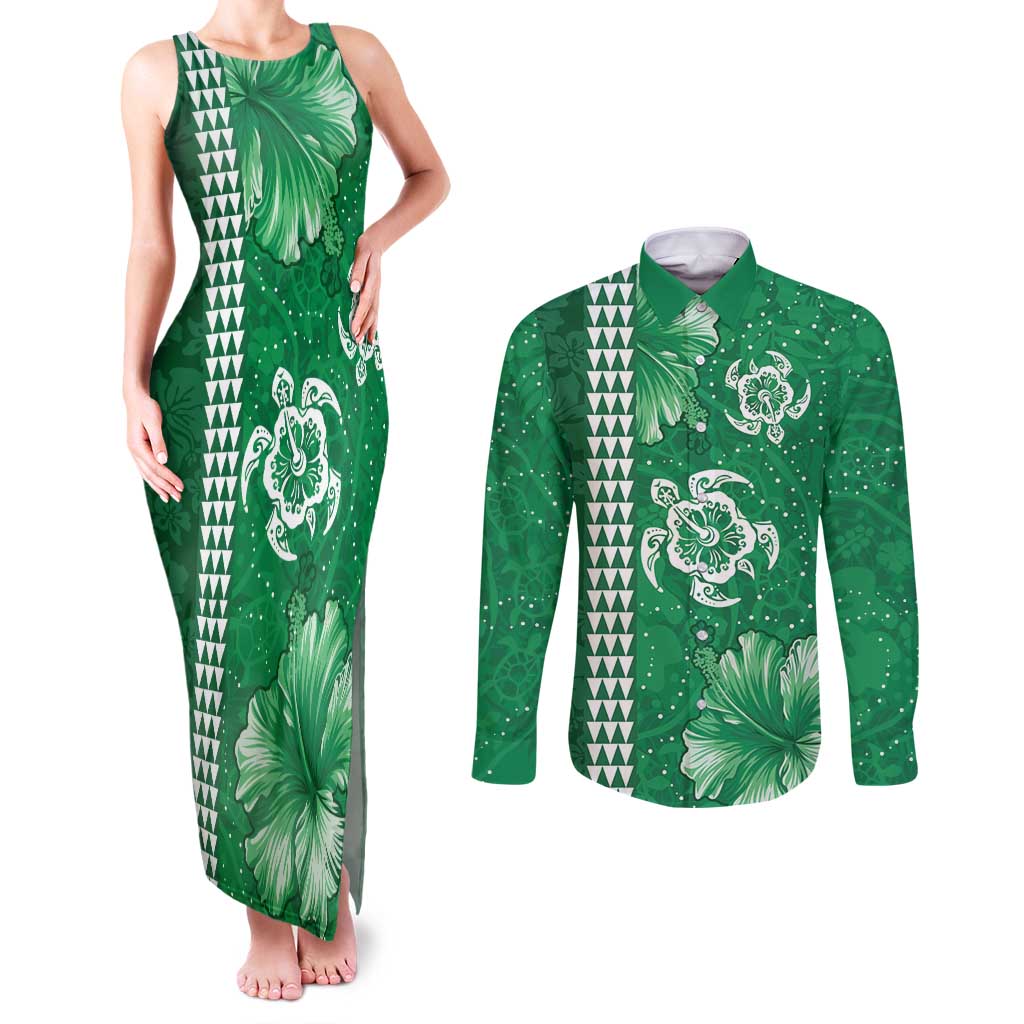 Green Hibiscus Turle Couples Matching Tank Maxi Dress and Long Sleeve Button Shirt Hawaiian Style Tribal Tapa Pattern LT9 Green - Polynesian Pride