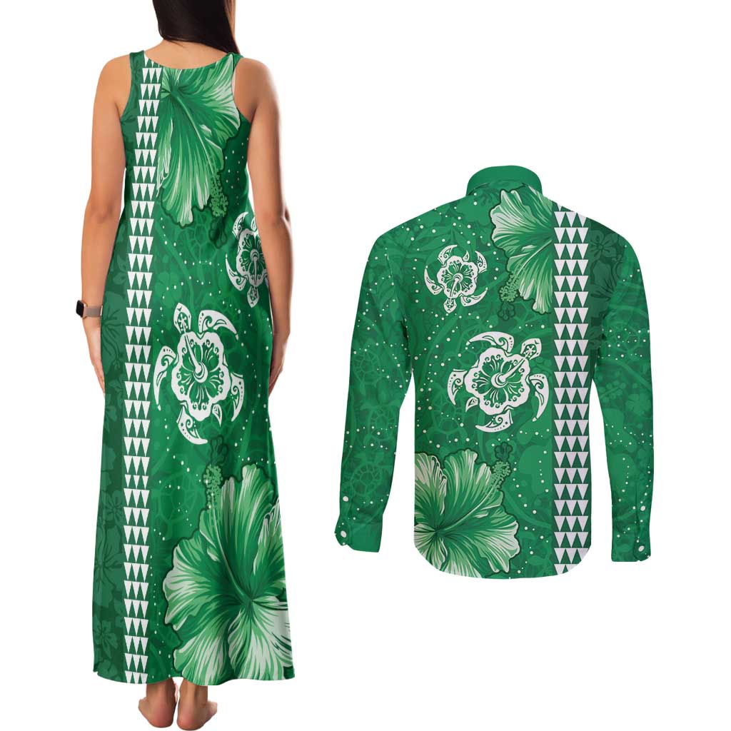 Green Hibiscus Turle Couples Matching Tank Maxi Dress and Long Sleeve Button Shirt Hawaiian Style Tribal Tapa Pattern LT9 - Polynesian Pride