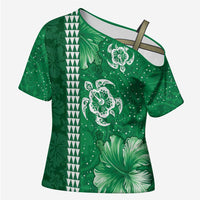 Green Hibiscus Turle Cross Shoulder Shirt Hawaiian Style Tribal Tapa Pattern - Polynesian Pride