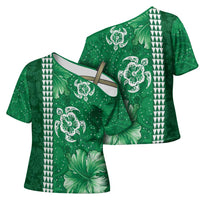 Green Hibiscus Turle Cross Shoulder Shirt Hawaiian Style Tribal Tapa Pattern - Polynesian Pride