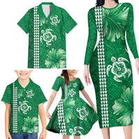 Green Hibiscus Turle Family Matching Long Sleeve Bodycon Dress and Hawaiian Shirt Hawaiian Style Tribal Tapa Pattern