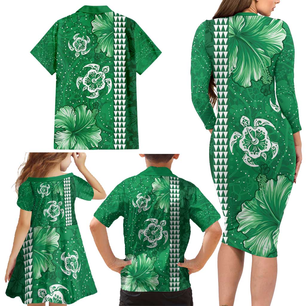 Green Hibiscus Turle Family Matching Long Sleeve Bodycon Dress and Hawaiian Shirt Hawaiian Style Tribal Tapa Pattern