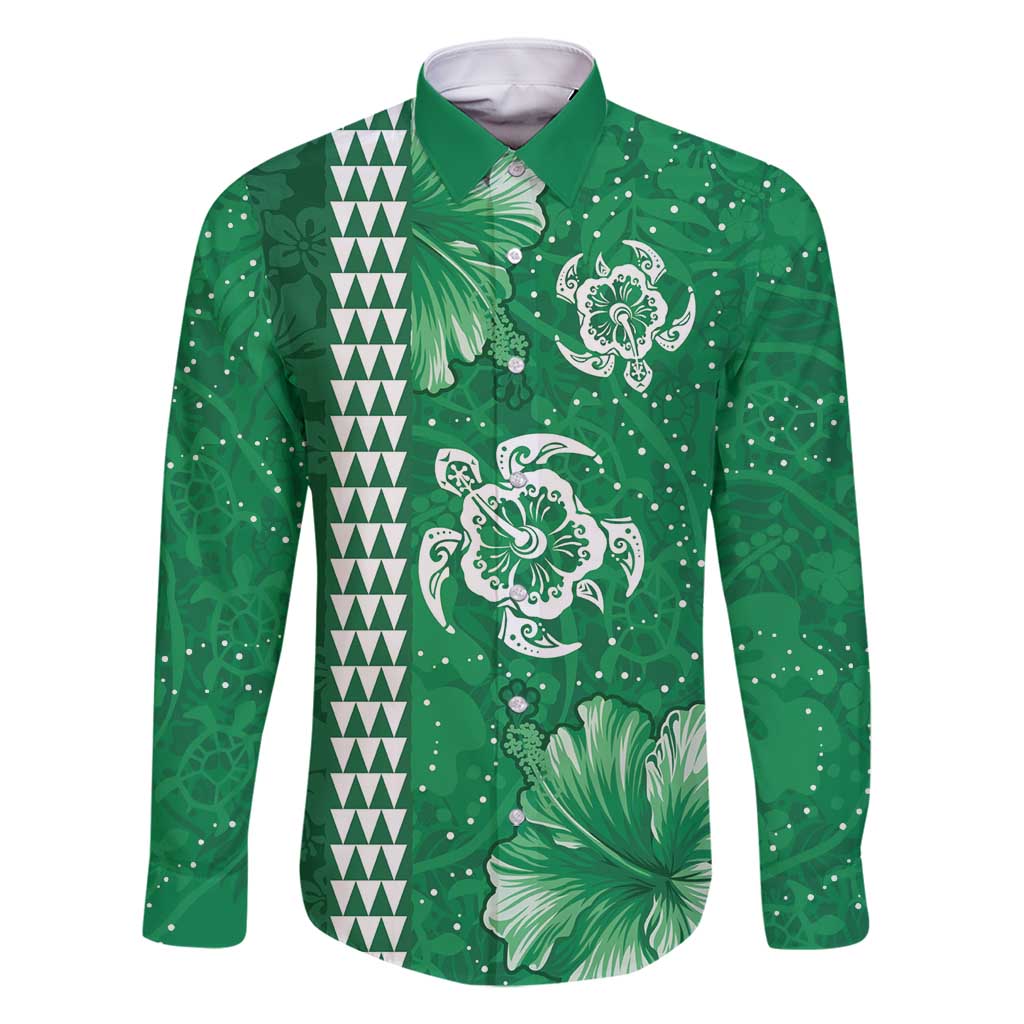 Green Hibiscus Turle Family Matching Long Sleeve Bodycon Dress and Hawaiian Shirt Hawaiian Style Tribal Tapa Pattern