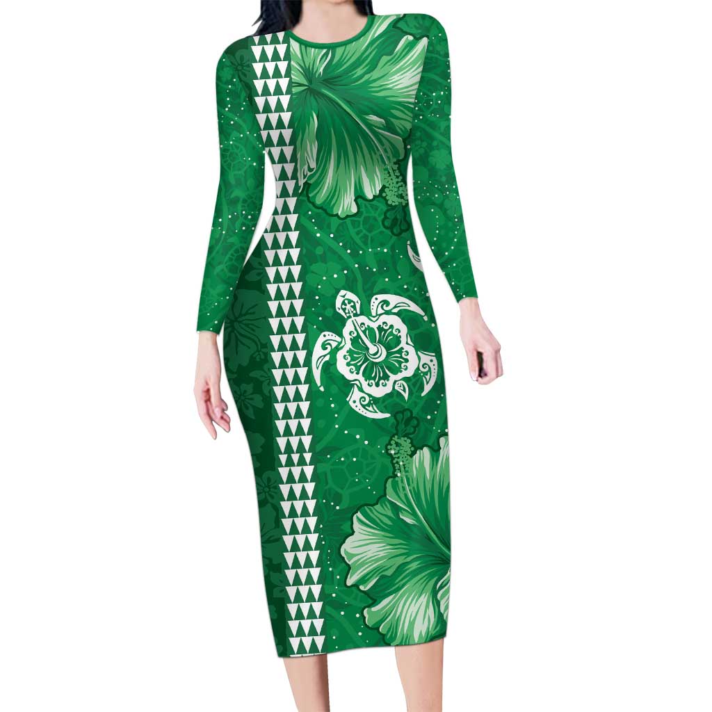 Green Hibiscus Turle Family Matching Long Sleeve Bodycon Dress and Hawaiian Shirt Hawaiian Style Tribal Tapa Pattern