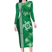 Green Hibiscus Turle Family Matching Long Sleeve Bodycon Dress and Hawaiian Shirt Hawaiian Style Tribal Tapa Pattern