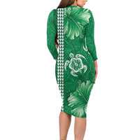 Green Hibiscus Turle Family Matching Long Sleeve Bodycon Dress and Hawaiian Shirt Hawaiian Style Tribal Tapa Pattern