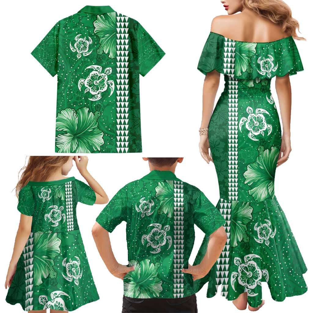 Green Hibiscus Turle Family Matching Mermaid Dress and Hawaiian Shirt Hawaiian Style Tribal Tapa Pattern