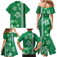 Green Hibiscus Turle Family Matching Mermaid Dress and Hawaiian Shirt Hawaiian Style Tribal Tapa Pattern