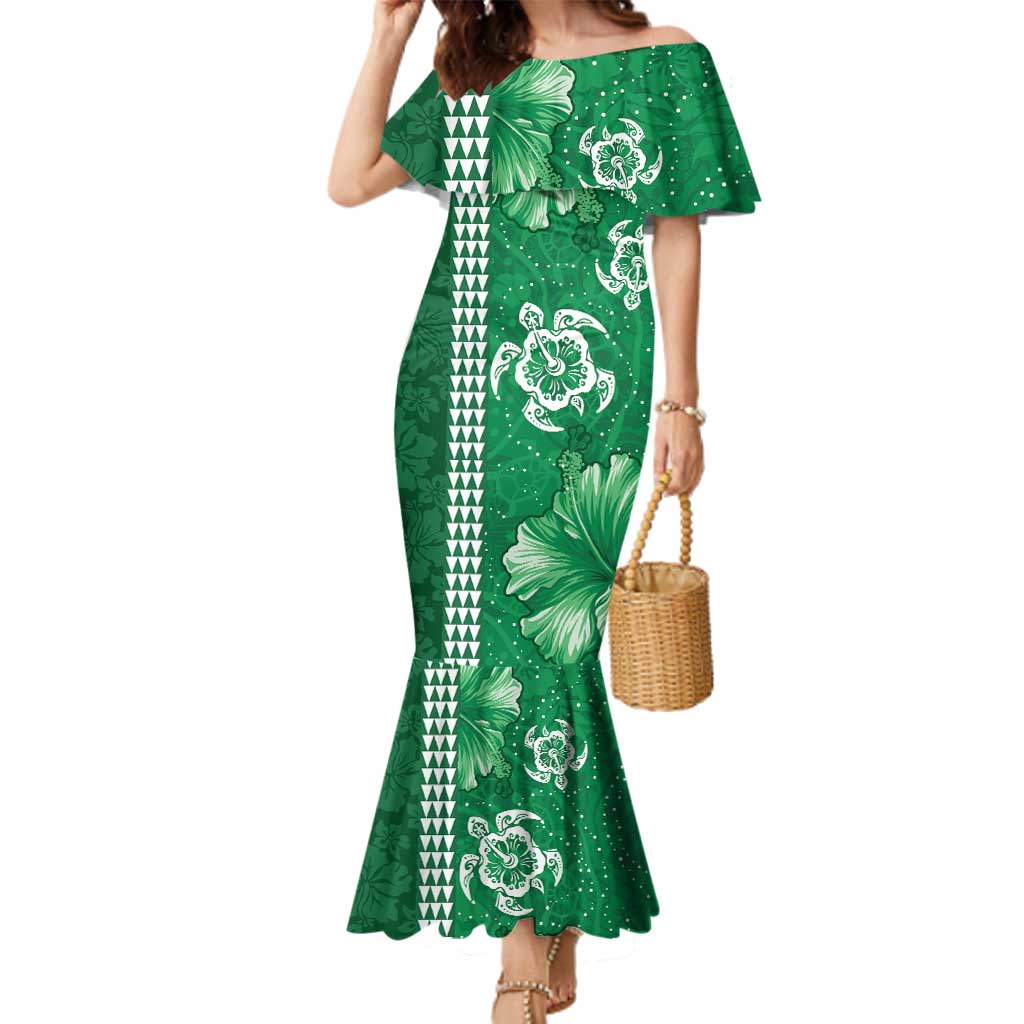 Green Hibiscus Turle Family Matching Mermaid Dress and Hawaiian Shirt Hawaiian Style Tribal Tapa Pattern