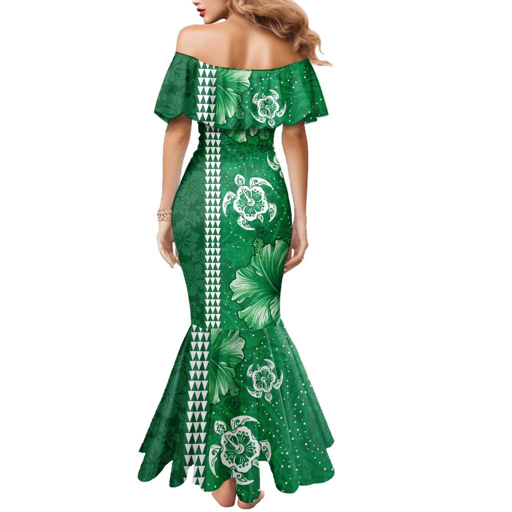 Green Hibiscus Turle Family Matching Mermaid Dress and Hawaiian Shirt Hawaiian Style Tribal Tapa Pattern