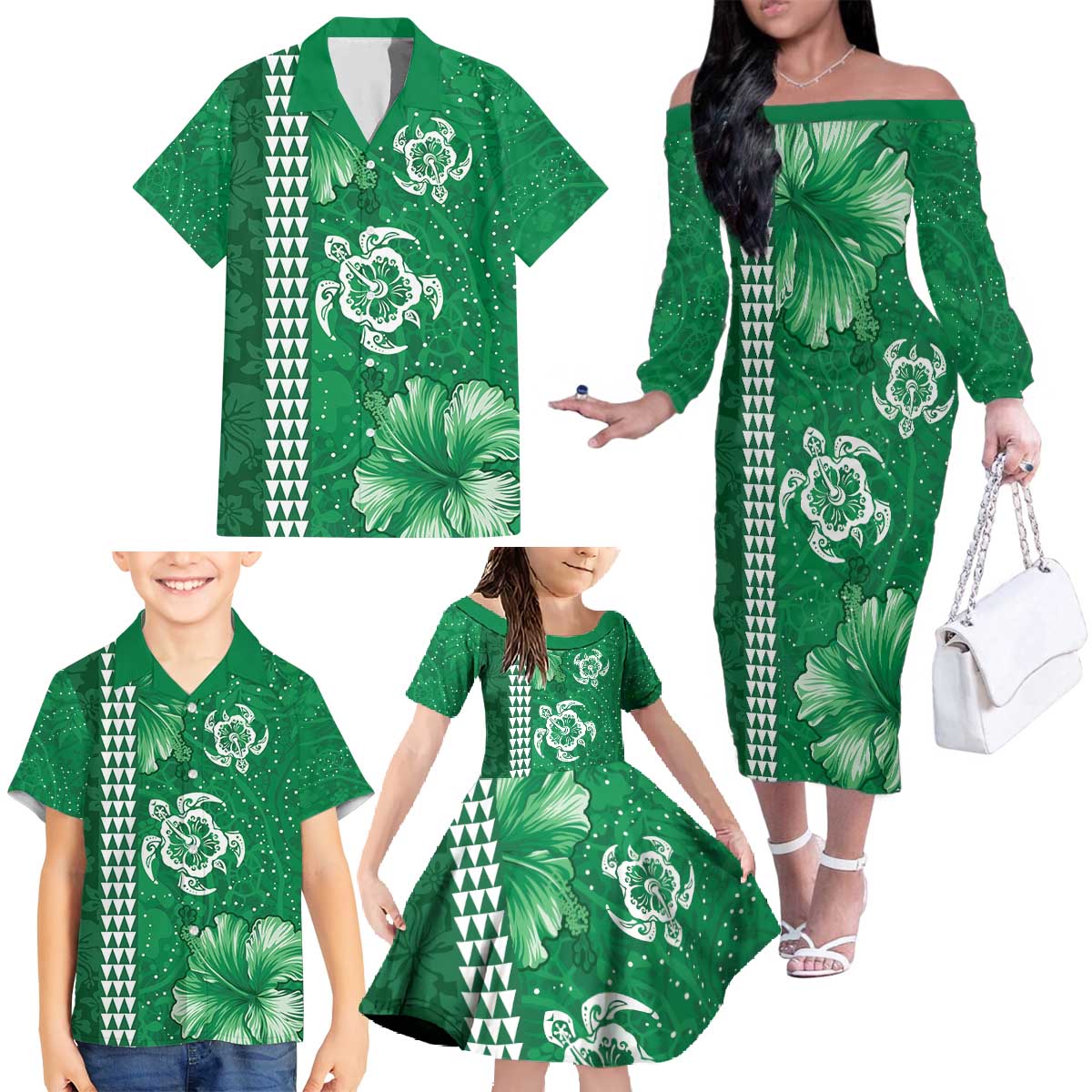 Green Hibiscus Turle Family Matching Off The Shoulder Long Sleeve Dress and Hawaiian Shirt Hawaiian Style Tribal Tapa Pattern