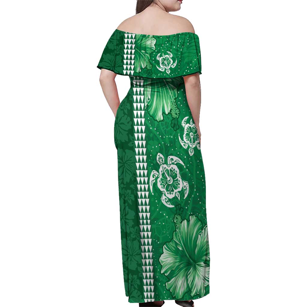 Green Hibiscus Turle Family Matching Off Shoulder Maxi Dress and Hawaiian Shirt Hawaiian Style Tribal Tapa Pattern