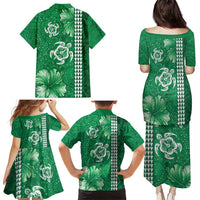 Green Hibiscus Turle Family Matching Puletasi and Hawaiian Shirt Hawaiian Style Tribal Tapa Pattern