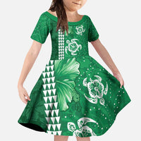 Green Hibiscus Turle Family Matching Short Sleeve Bodycon Dress and Hawaiian Shirt Hawaiian Style Tribal Tapa Pattern