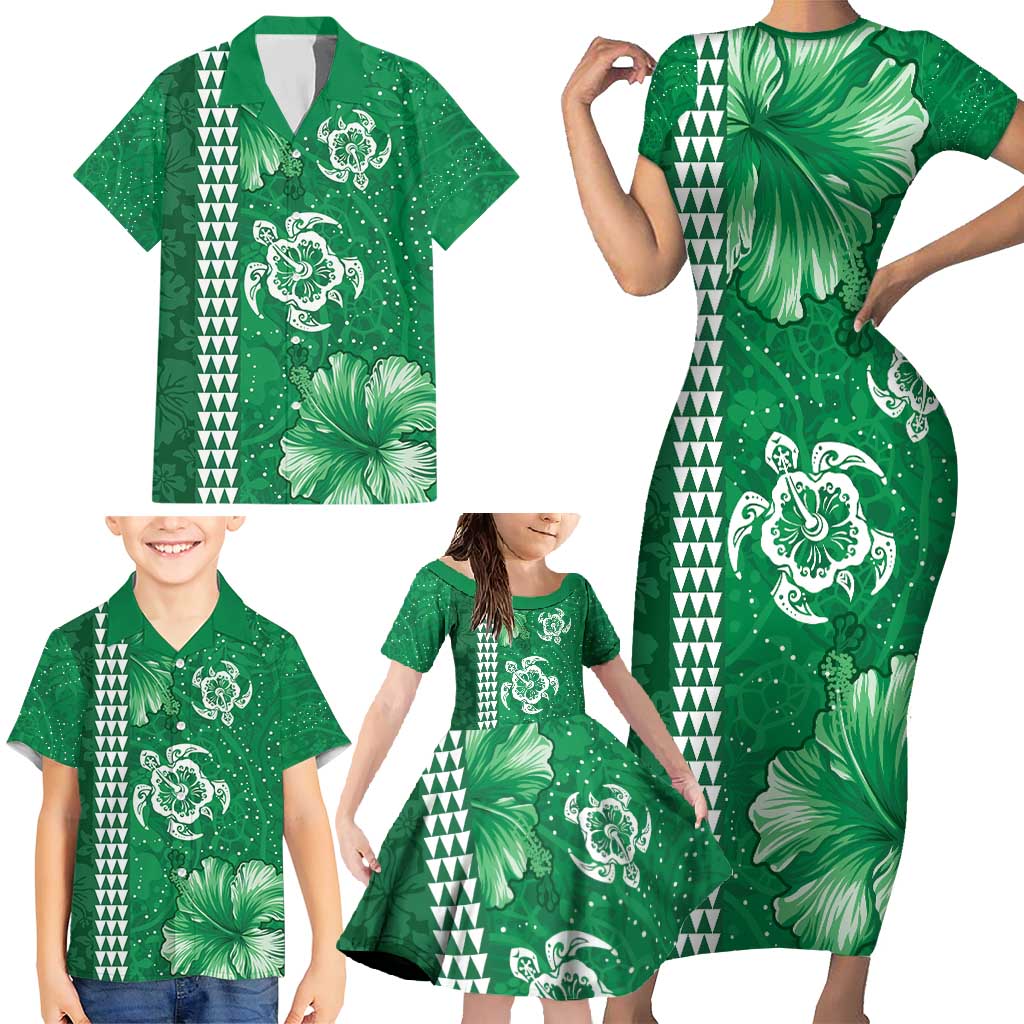 Green Hibiscus Turle Family Matching Short Sleeve Bodycon Dress and Hawaiian Shirt Hawaiian Style Tribal Tapa Pattern