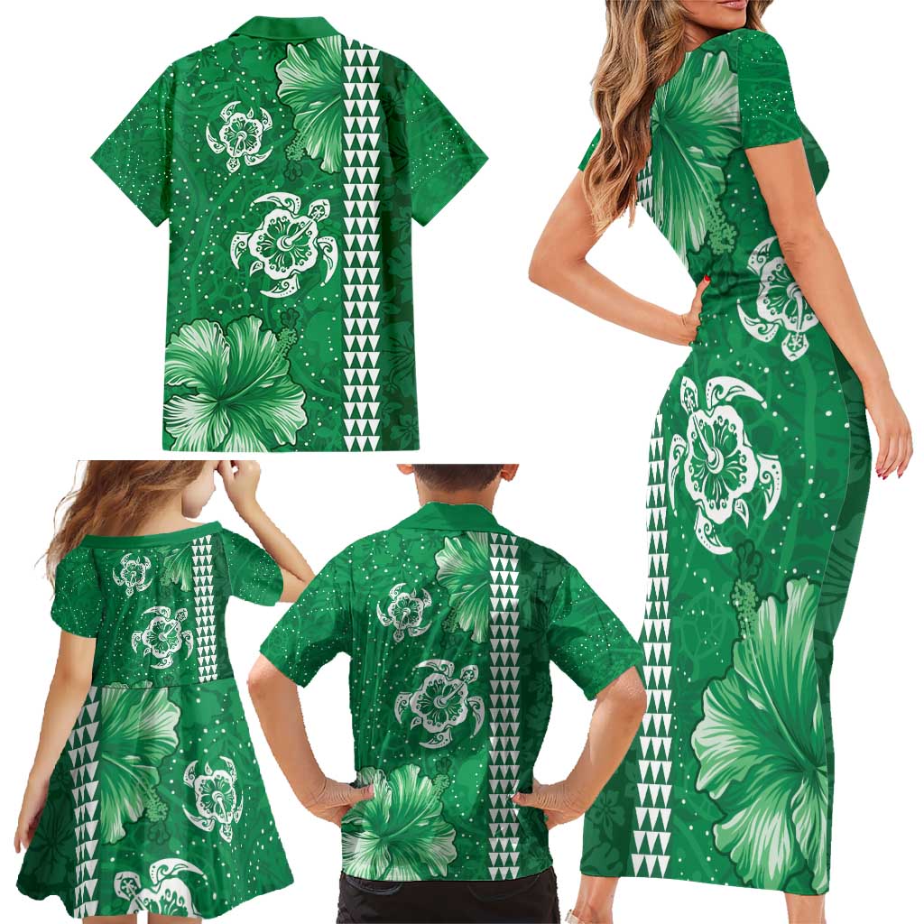 Green Hibiscus Turle Family Matching Short Sleeve Bodycon Dress and Hawaiian Shirt Hawaiian Style Tribal Tapa Pattern