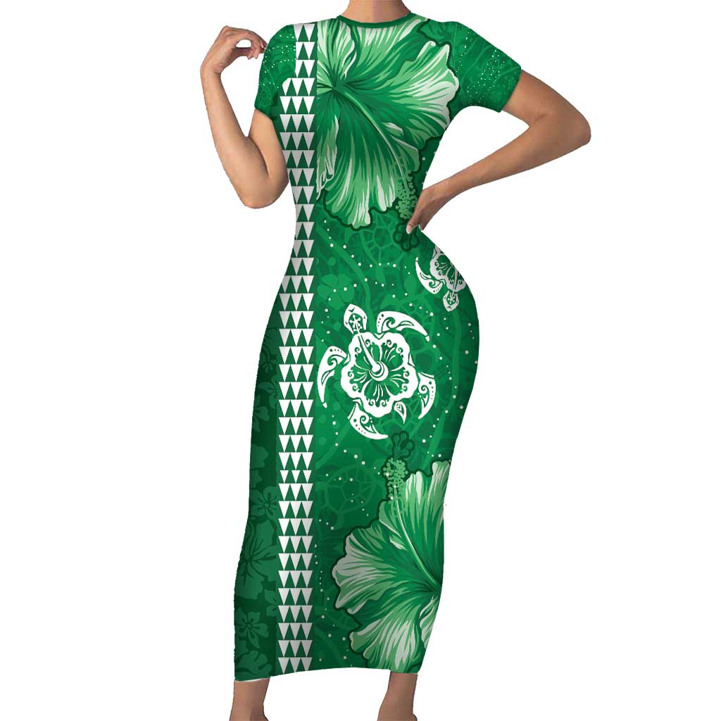 Green Hibiscus Turle Family Matching Short Sleeve Bodycon Dress and Hawaiian Shirt Hawaiian Style Tribal Tapa Pattern
