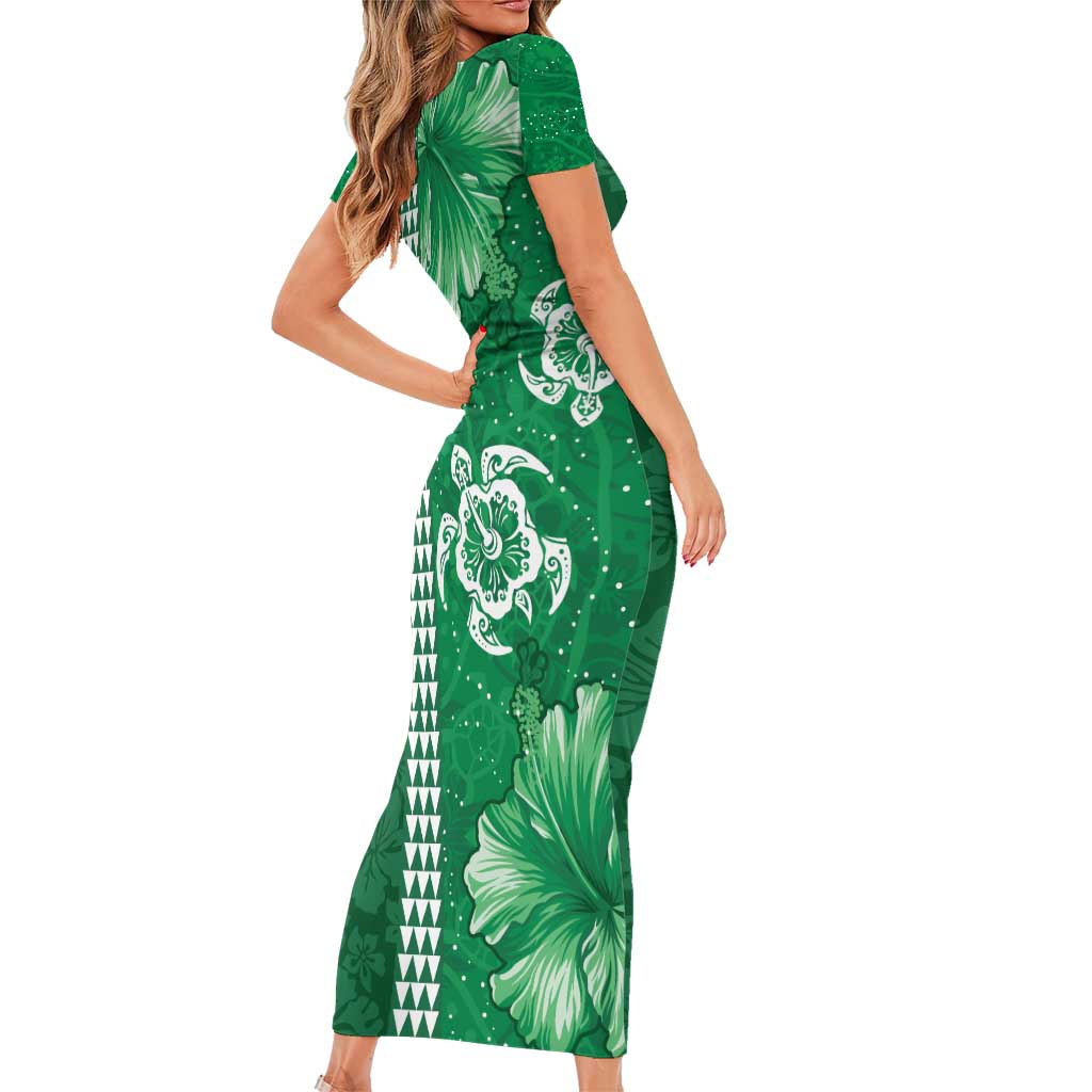 Green Hibiscus Turle Family Matching Short Sleeve Bodycon Dress and Hawaiian Shirt Hawaiian Style Tribal Tapa Pattern