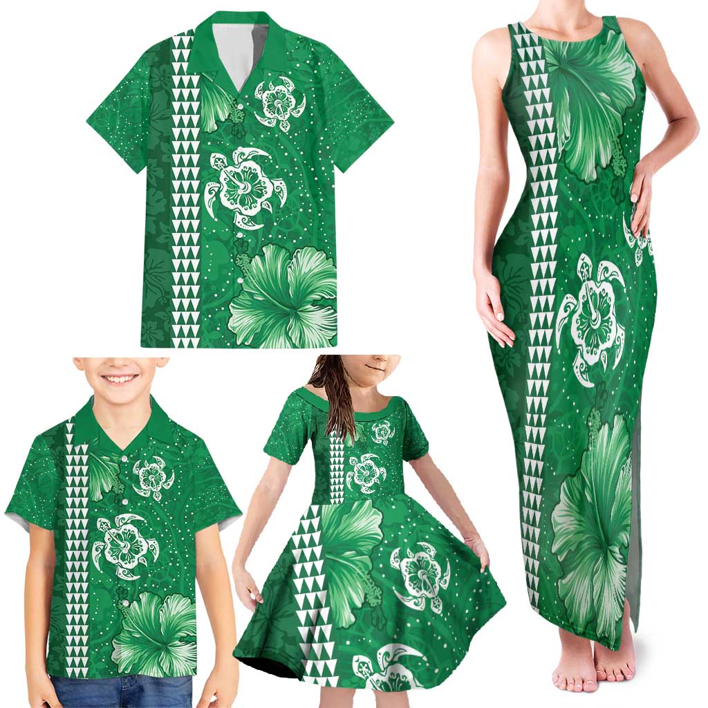 Green Hibiscus Turle Family Matching Tank Maxi Dress and Hawaiian Shirt Hawaiian Style Tribal Tapa Pattern