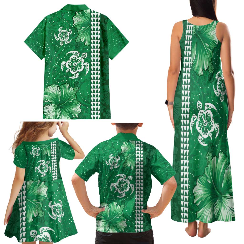 Green Hibiscus Turle Family Matching Tank Maxi Dress and Hawaiian Shirt Hawaiian Style Tribal Tapa Pattern