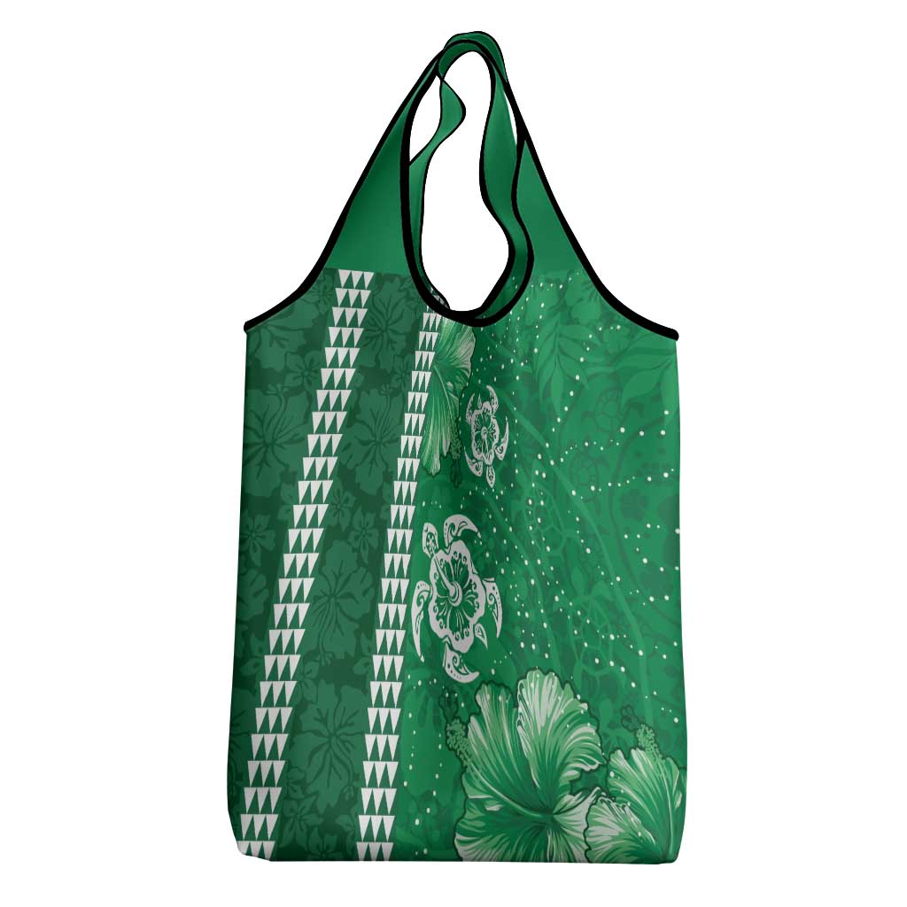 Green Hibiscus Turle Grocery Bag Hawaiian Style Tribal Tapa Pattern