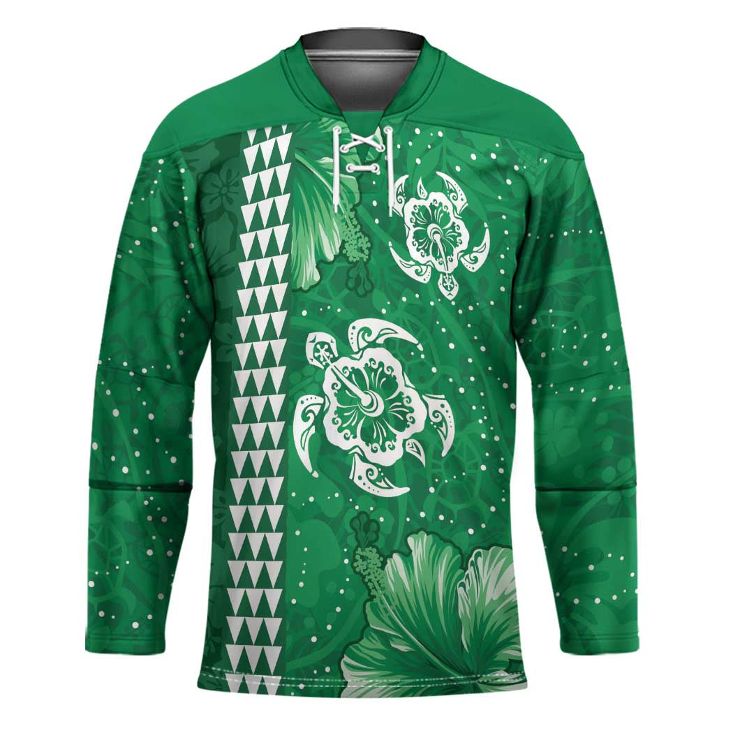 Green Hibiscus Turle Hockey Jersey Hawaiian Style Tribal Tapa Pattern - Polynesian Pride