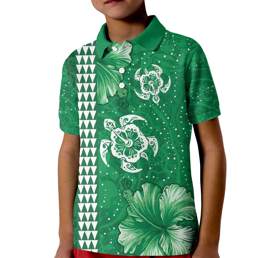 Green Hibiscus Turle Kid Polo Shirt Hawaiian Style Tribal Tapa Pattern