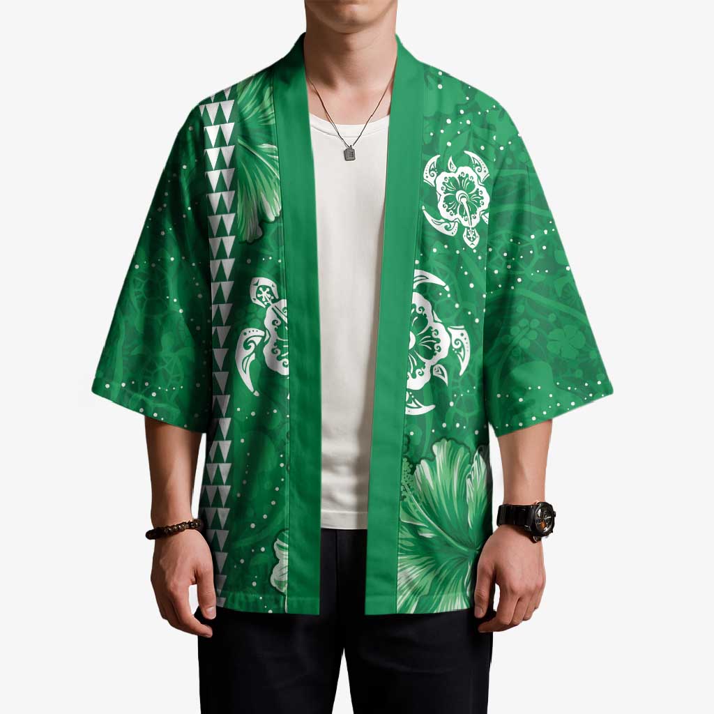 Green Hibiscus Turle Kimono Hawaiian Style Tribal Tapa Pattern - Polynesian Pride