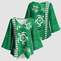 Green Hibiscus Turle Kimono Sleeve Blouse Hawaiian Style Tribal Tapa Pattern - Polynesian Pride