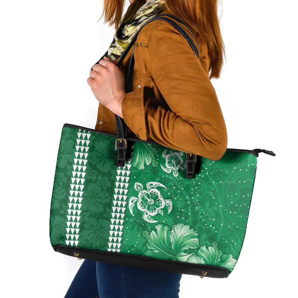 Green Hibiscus Turle Leather Tote Bag Hawaiian Style Tribal Tapa Pattern