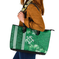 Green Hibiscus Turle Leather Tote Bag Hawaiian Style Tribal Tapa Pattern