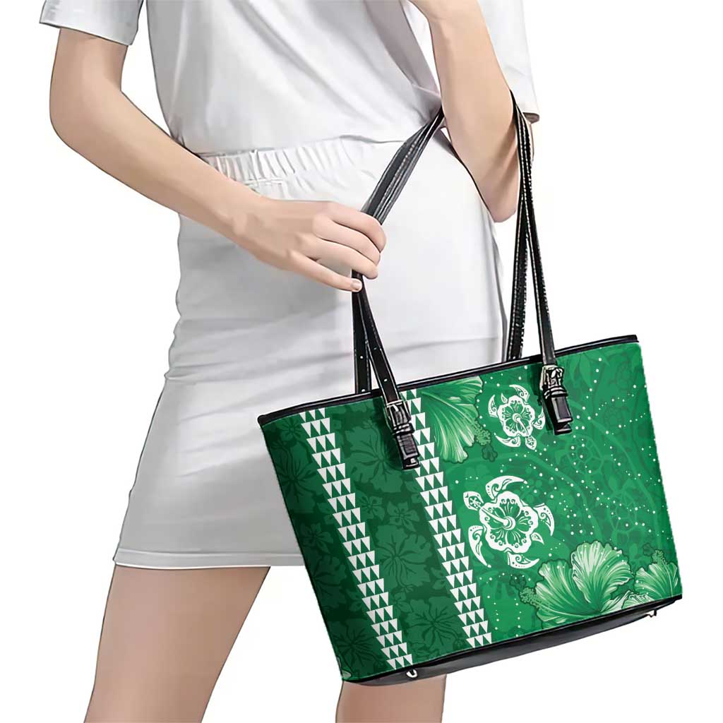 Green Hibiscus Turle Leather Tote Bag Hawaiian Style Tribal Tapa Pattern