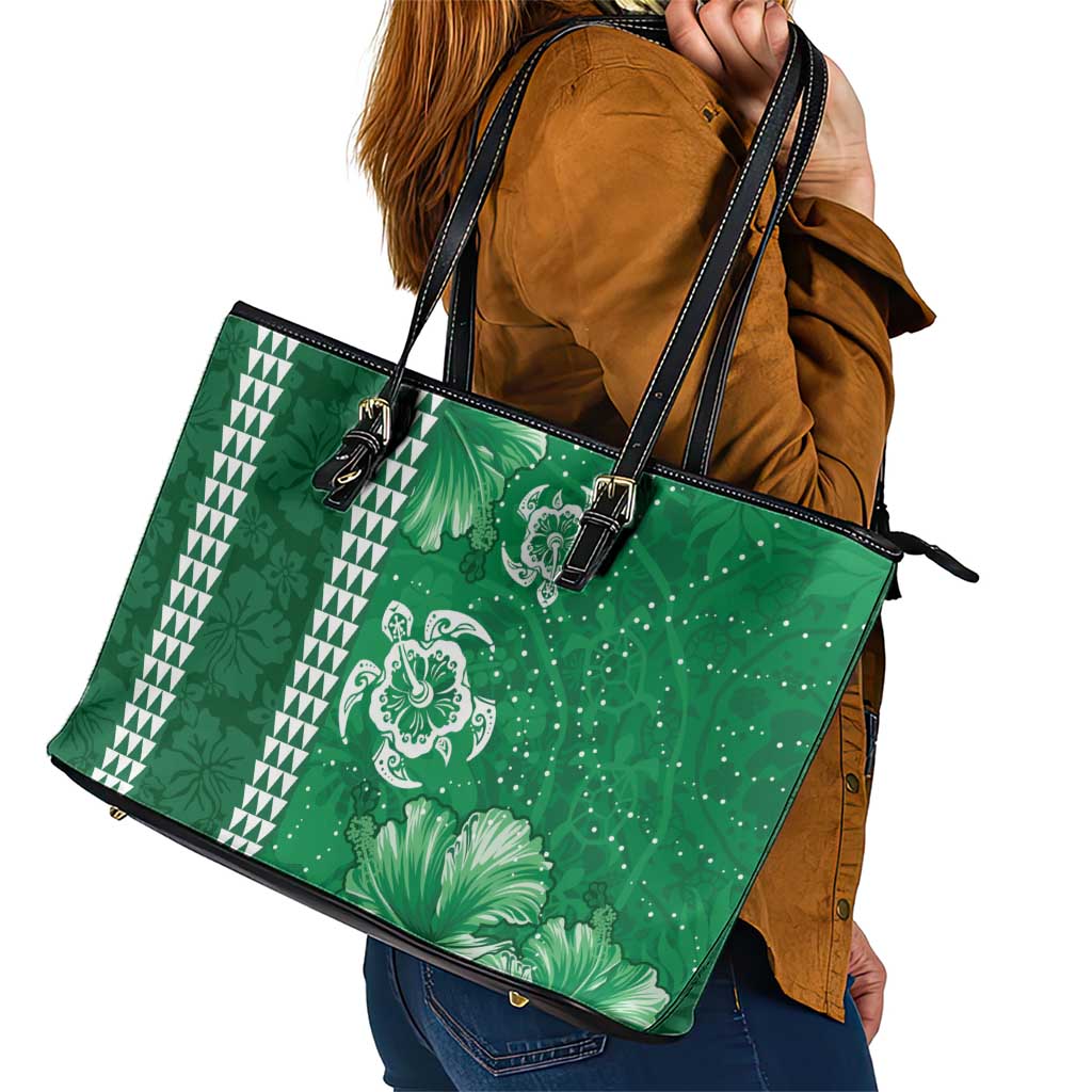 Green Hibiscus Turle Leather Tote Bag Hawaiian Style Tribal Tapa Pattern