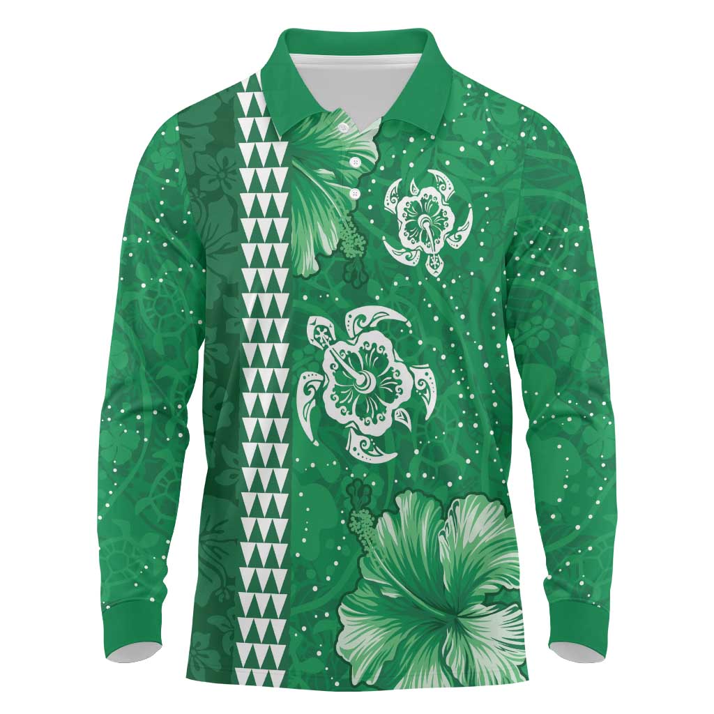 Green Hibiscus Turle Long Sleeve Polo Shirt Hawaiian Style Tribal Tapa Pattern