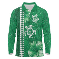 Green Hibiscus Turle Long Sleeve Polo Shirt Hawaiian Style Tribal Tapa Pattern
