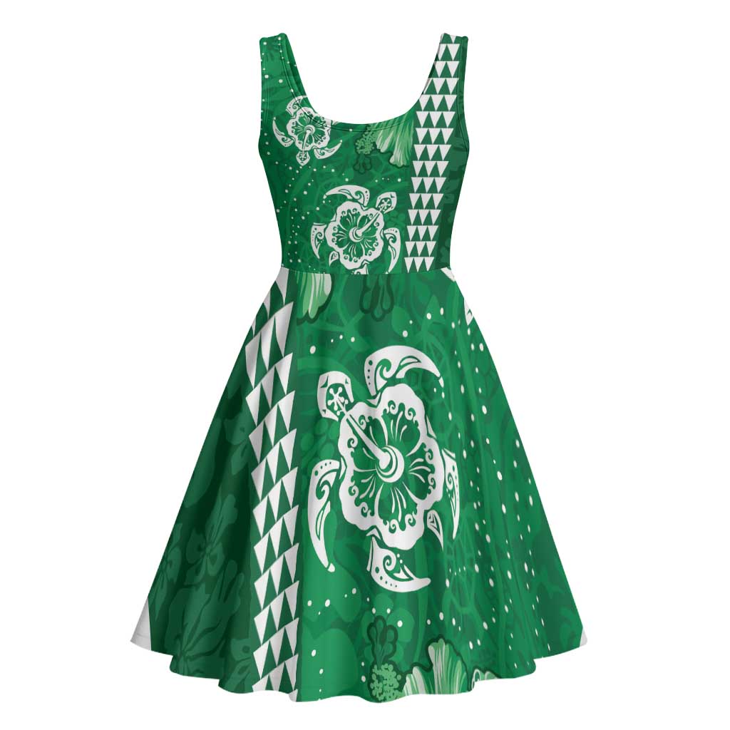 Green Hibiscus Turle Midi Dress Hawaiian Style Tribal Tapa Pattern - Polynesian Pride