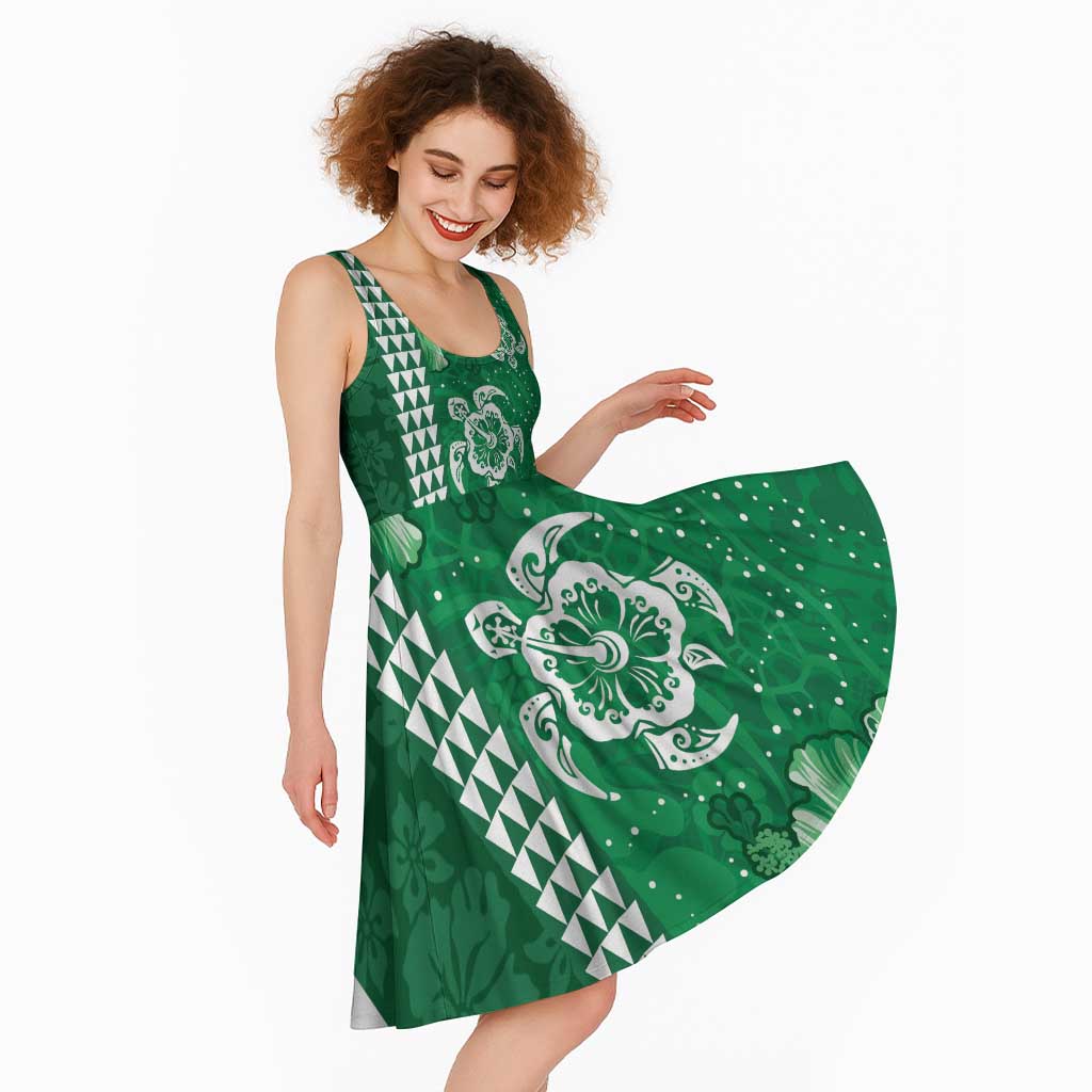 Green Hibiscus Turle Midi Dress Hawaiian Style Tribal Tapa Pattern - Polynesian Pride